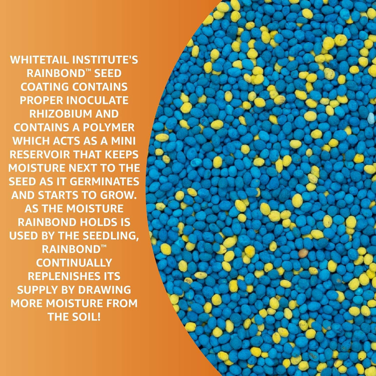 Blue and yellow seed coating pellets on orange product panel