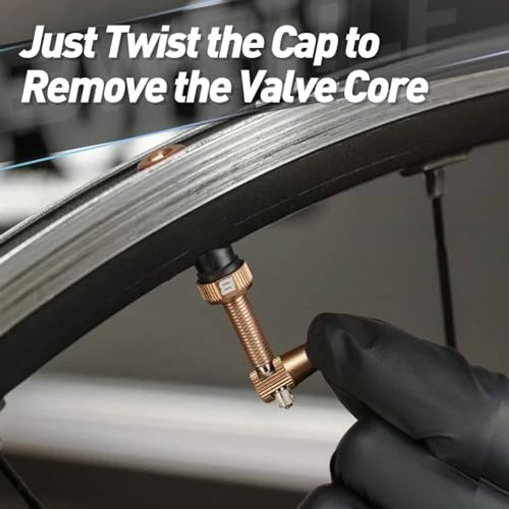 Presta tubeless valve stem with cap removed; valve core exposed at wheel rim