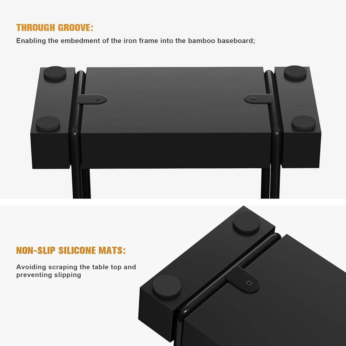 Napkin holder end view with black iron frame and non-slip silicone base pads.