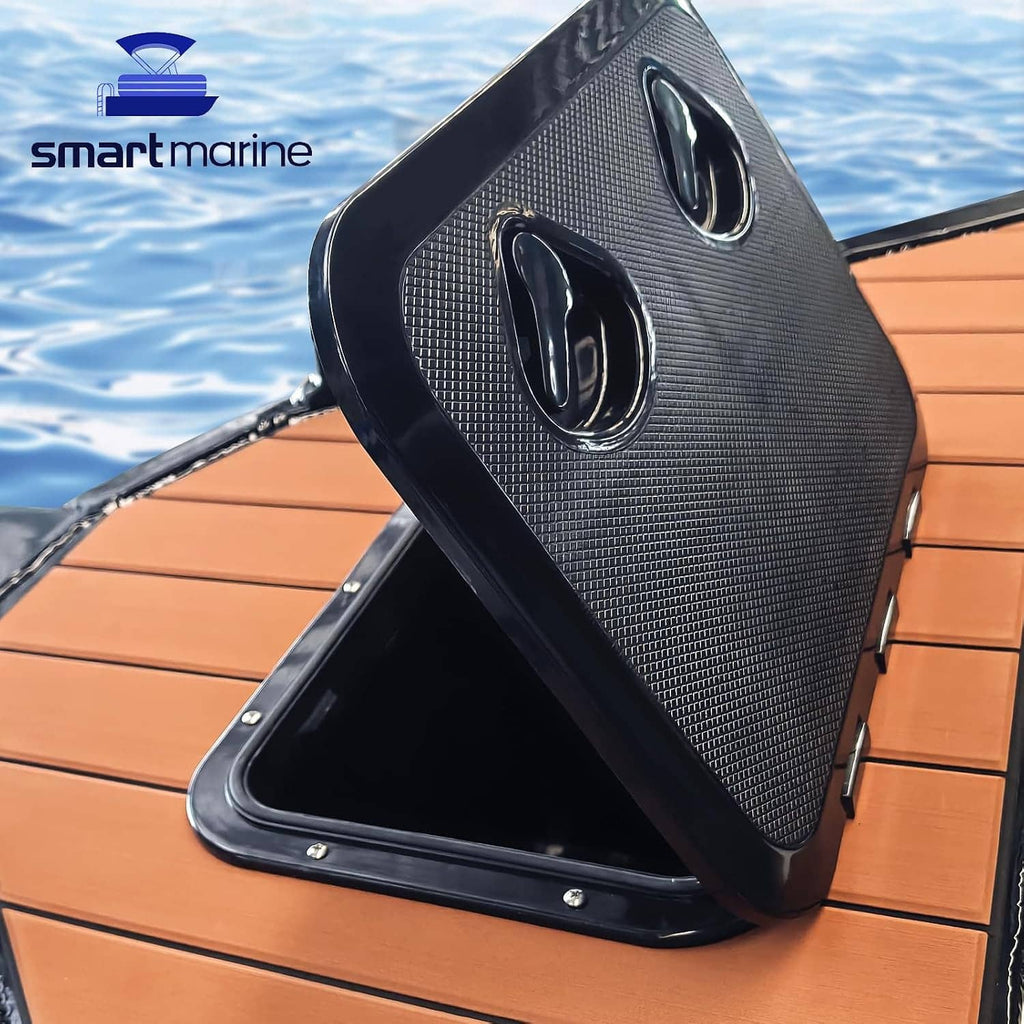 Black marine deck hatch cover with textured lid and recessed lifting handles, hinged open