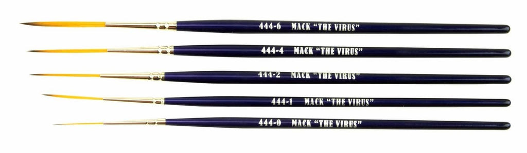 Five paintbrushes laid out side by side; navy handles with gold ferrules and printed text