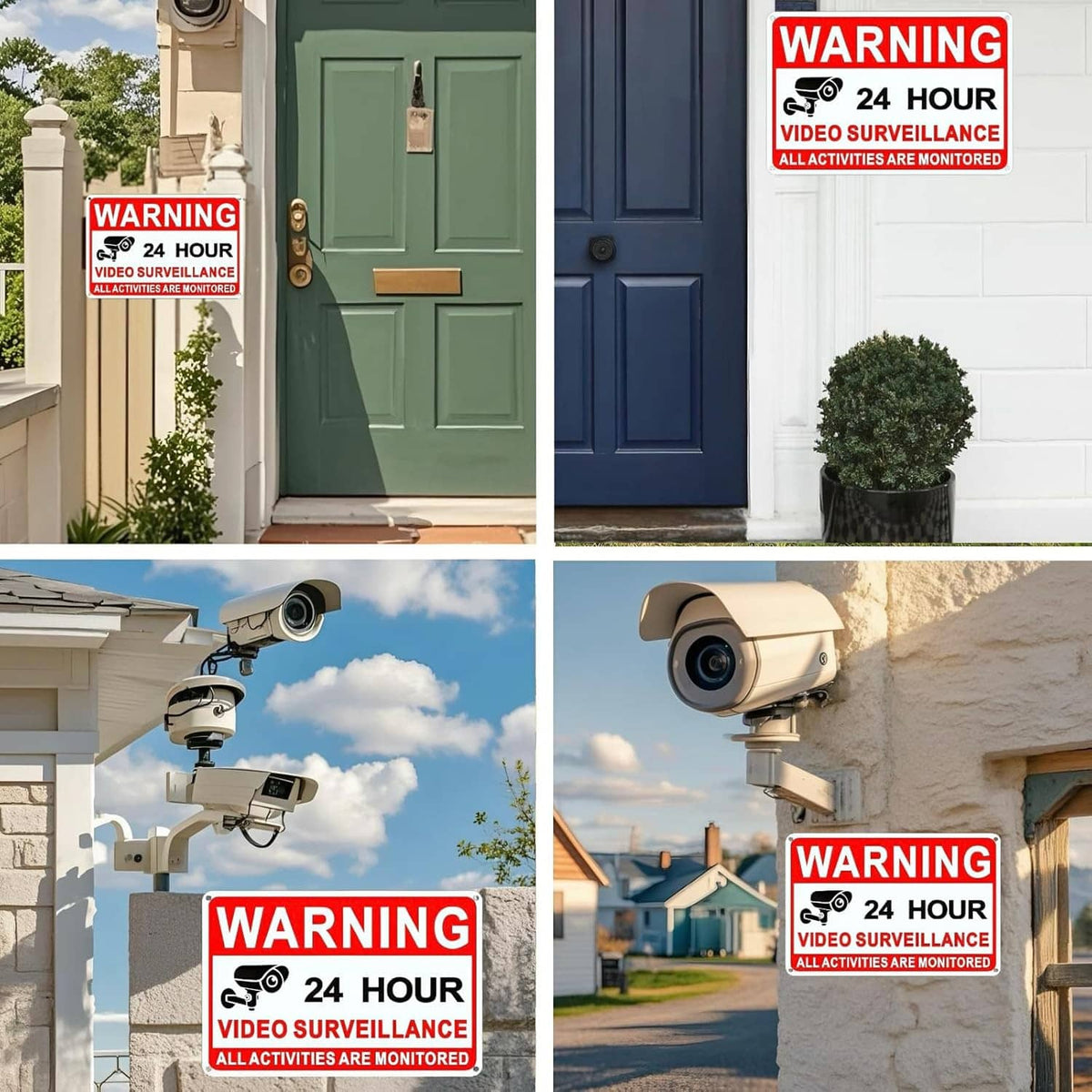 Outdoor placement examples of red video surveillance warning sign on walls and posts