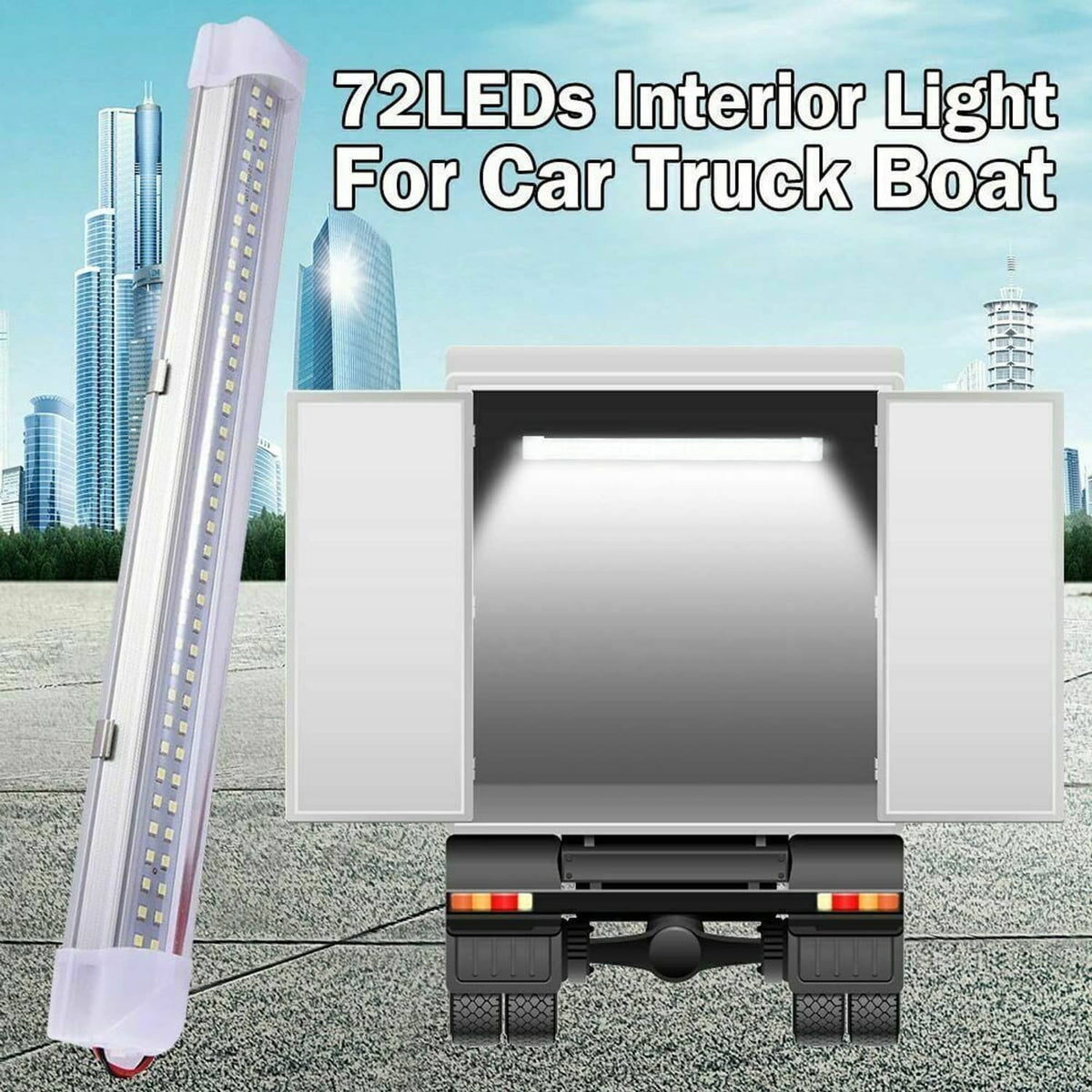 LED interior light bar with white housing, clear cover, and yellow LED strip