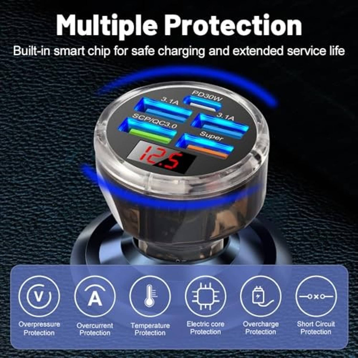 Car USB-C charger adapter with clear top, LED screen, and blue protection indicator
