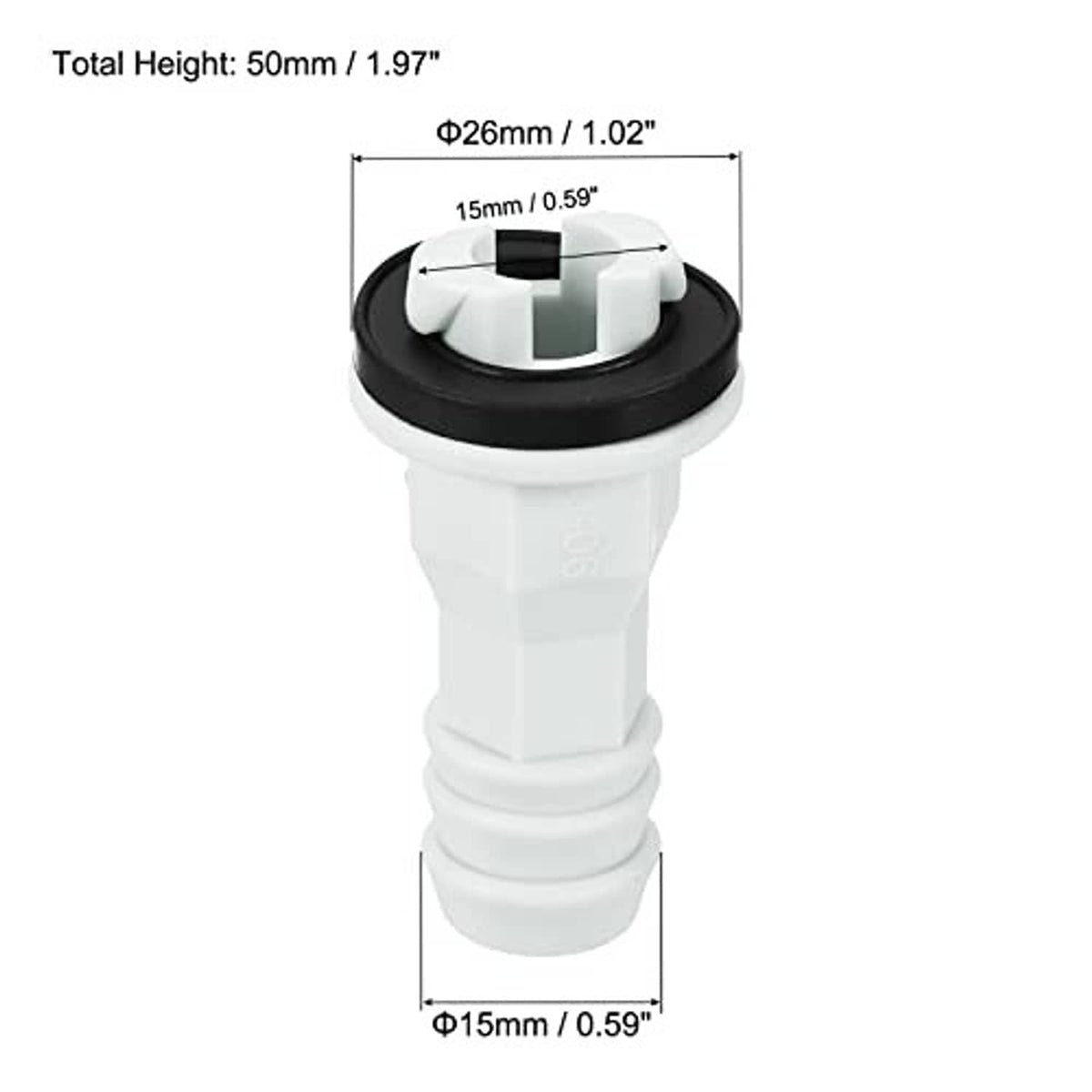 Air conditioner drain hose connector, straight fitting, white body with black rubber base