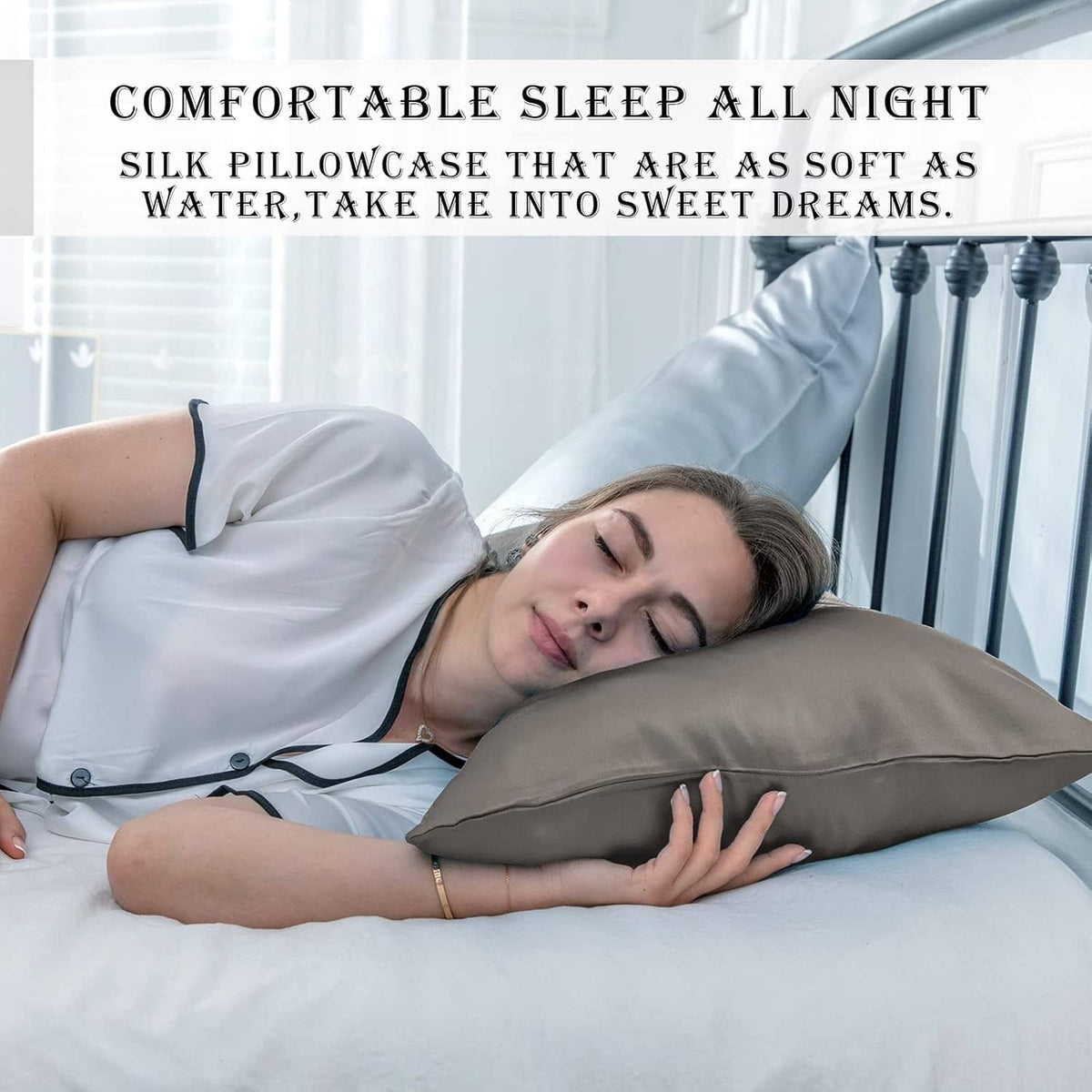 Gray silk body pillowcase on a bed pillow
