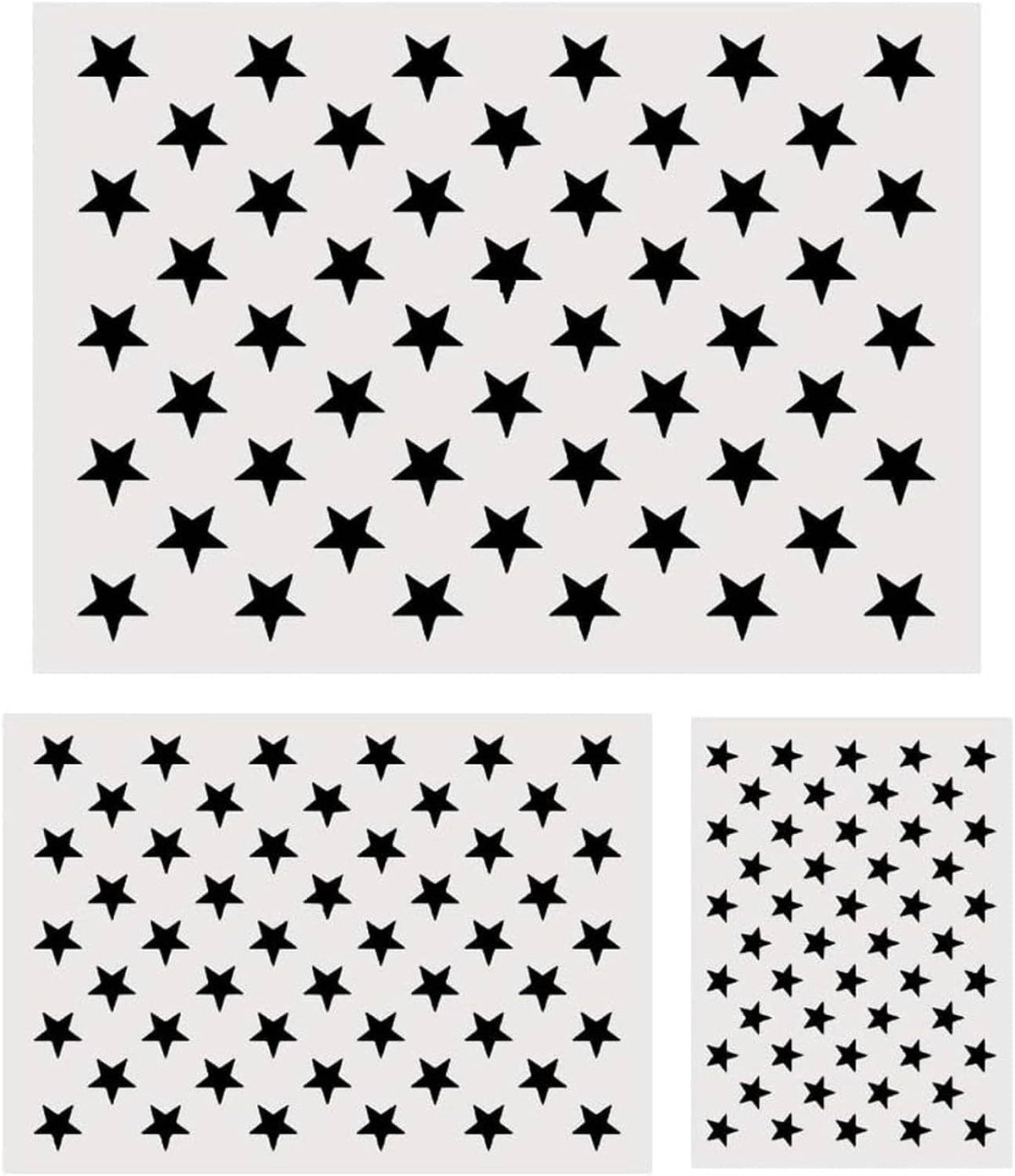 Three star stencil sheets stacked: large, medium, and small with black cutout stars