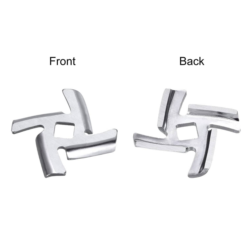 Meat grinder blade cross pieces, front and back views, silver metal
