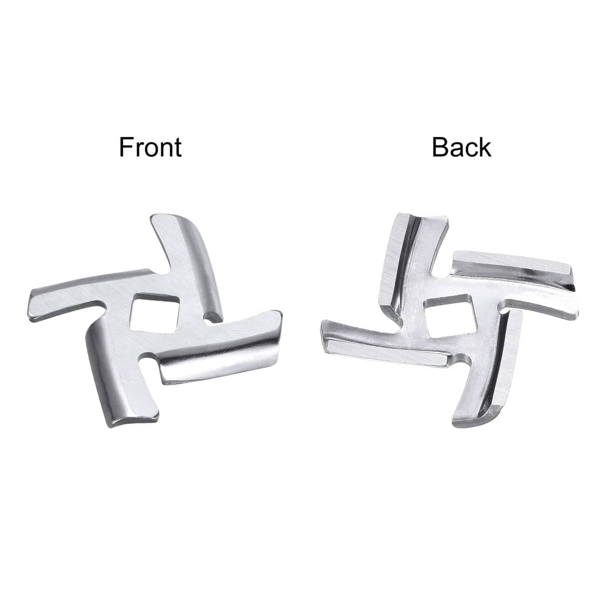 Meat grinder blade cross pieces, front and back views, silver metal
