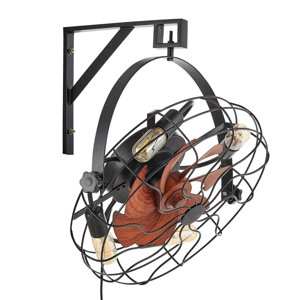 Wall-mounted fan with light, arched black frame, wooden blades, four Edison-style bulbs