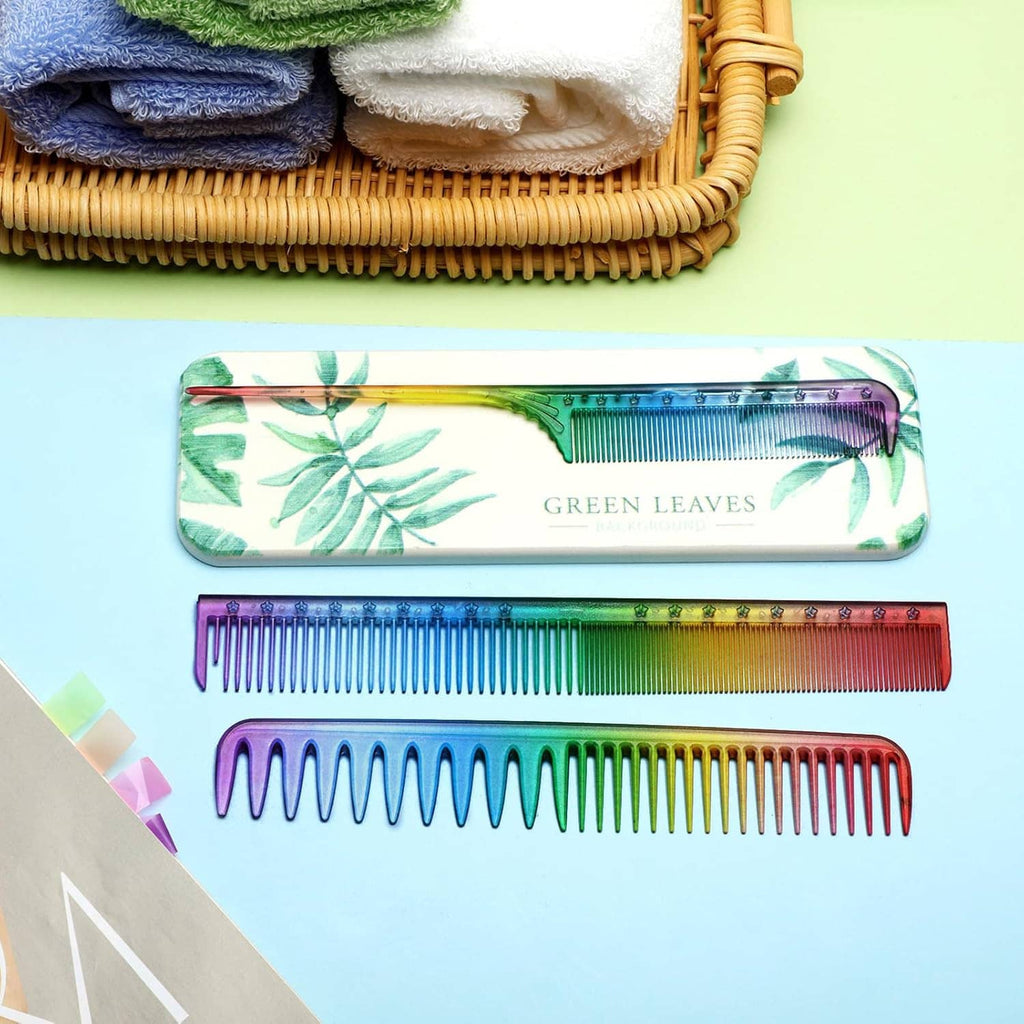 Two rainbow fine-tooth hair combs with colorful handles and long tooth rows