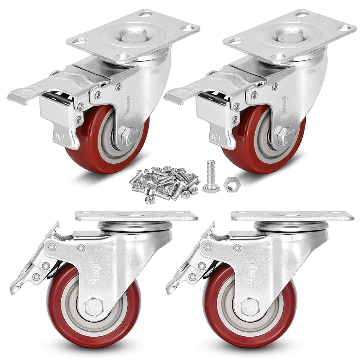 Pair of 3-inch heavy-duty lockable swivel casters with red rubber wheels