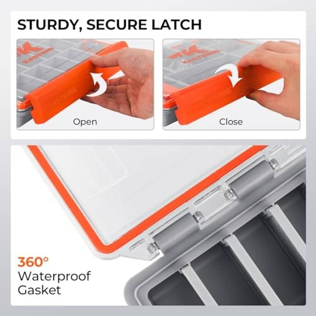 Orange-and-clear tackle box with secure snap latch and gray interior divider tray