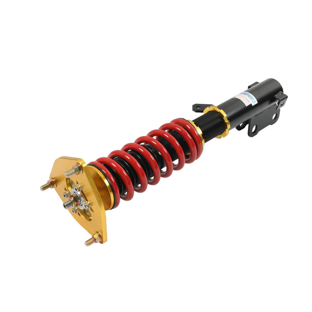 Coilover strut assembly with red spring coils and black shock, gold end plate and mounting tab