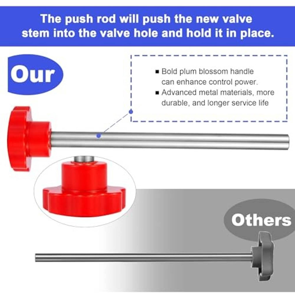Push rod tool with red cap handle and long metal shaft for seating valve stems