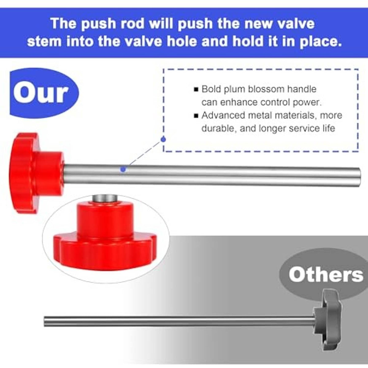 Push rod tool with red cap handle and long metal shaft for seating valve stems