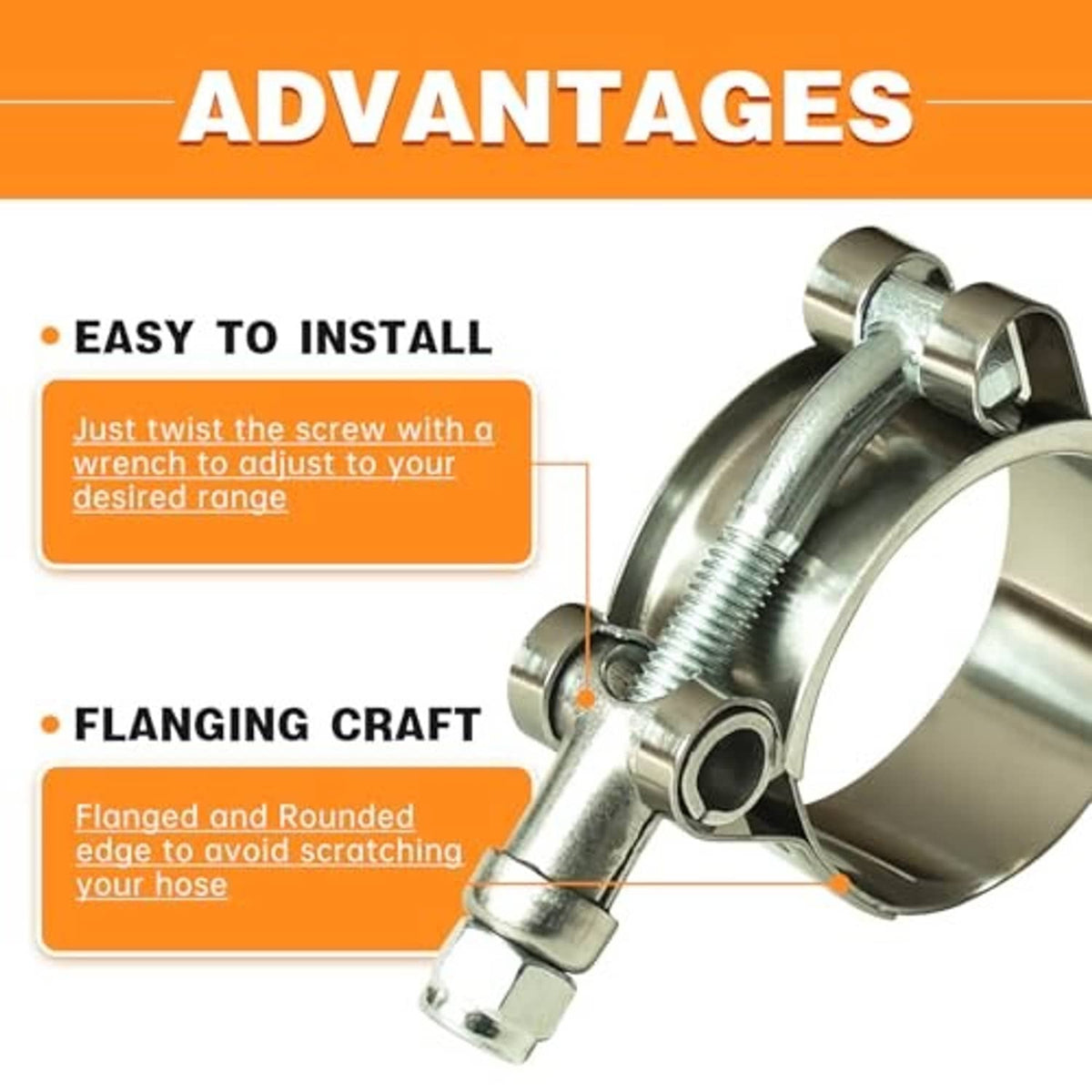 Stainless steel T-bolt hose clamp shown at an angle with threaded screw head