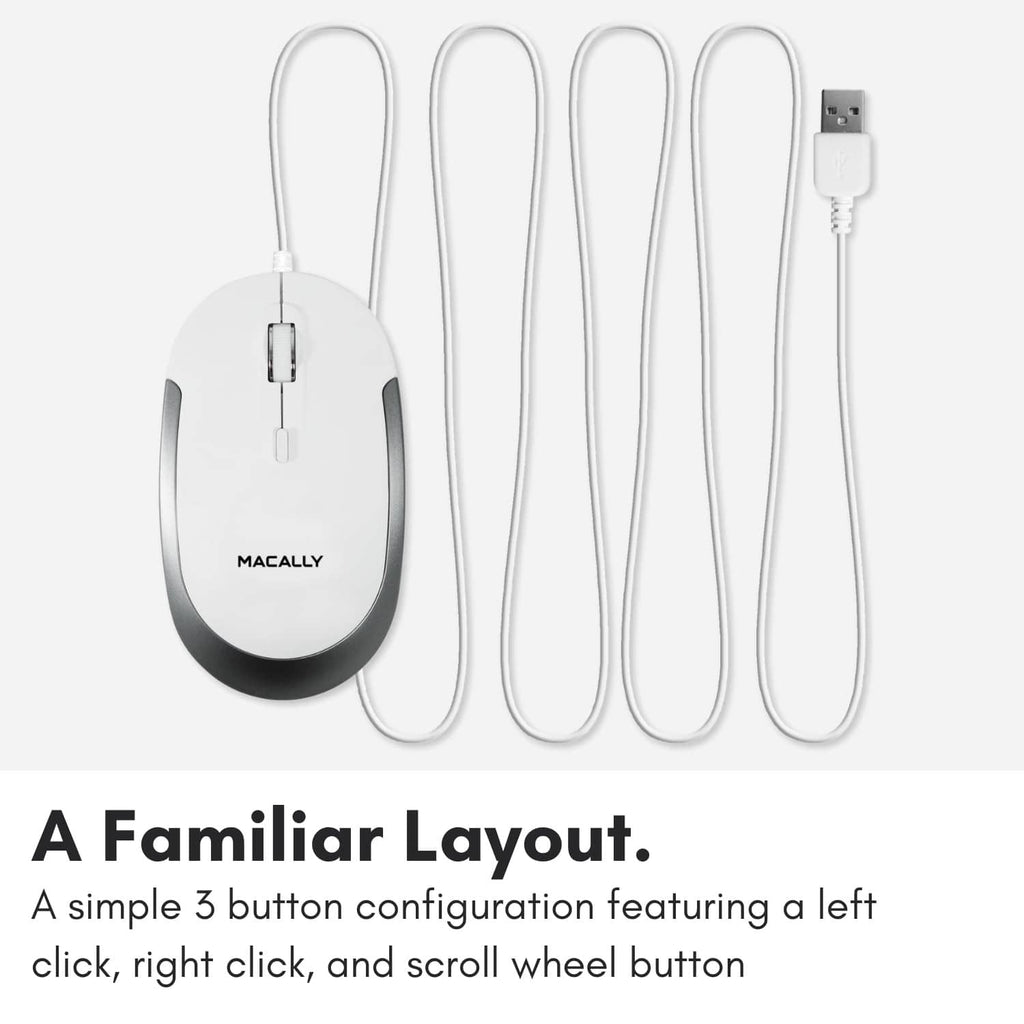 Wired computer mouse with 3-button layout and long USB cable, white and gray
