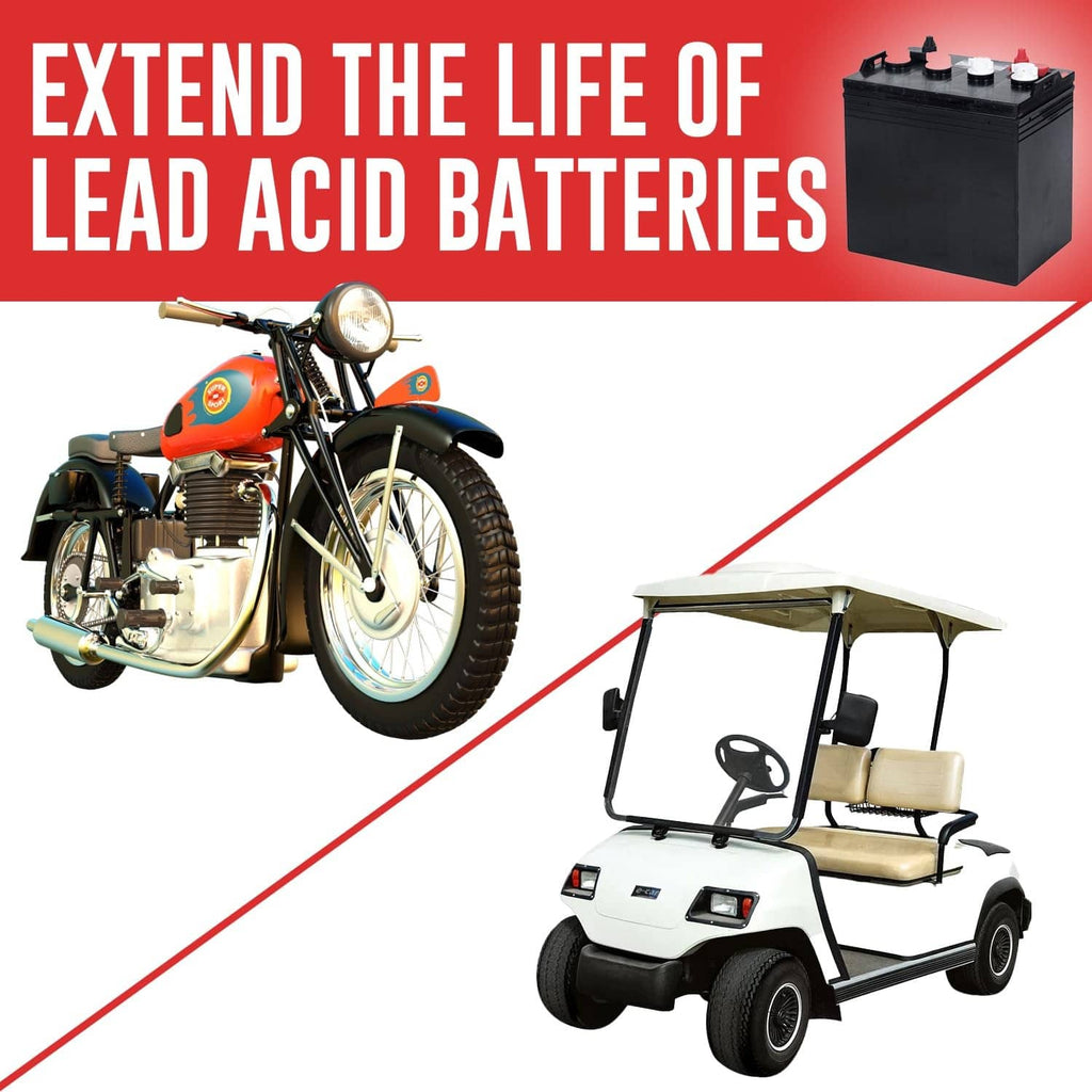 Battery desulfator solution refill jug with lead-acid battery life and capacity label
