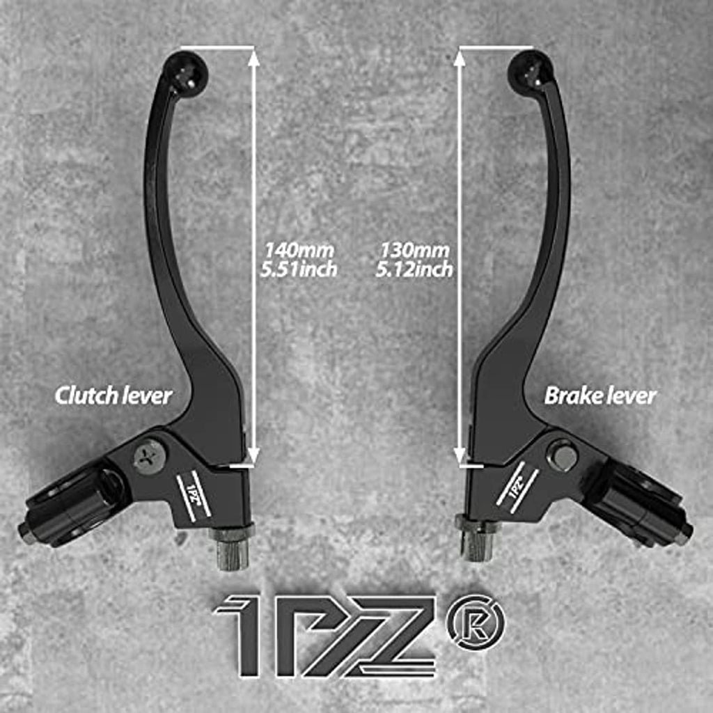 Clutch lever and brake lever pair in black with labeled 140mm and 130mm lengths