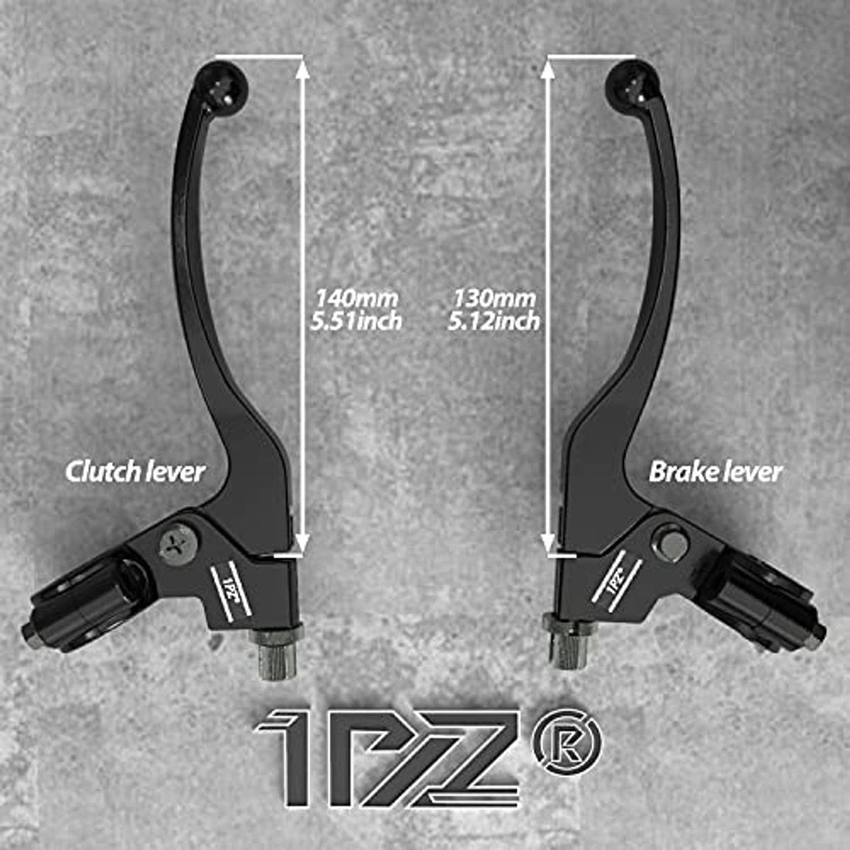 Clutch lever and brake lever pair in black with labeled 140mm and 130mm lengths