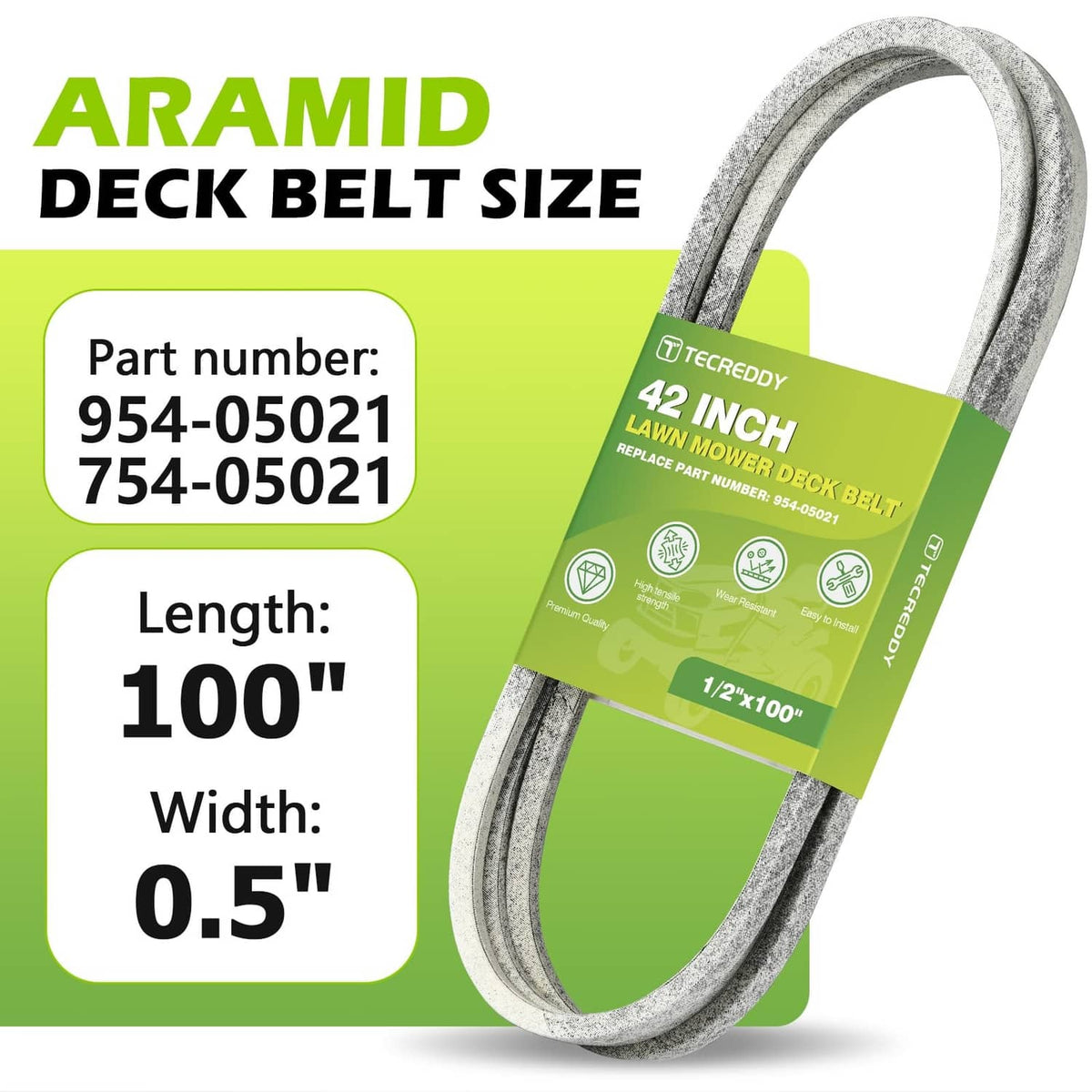 42-inch mower deck belt, 100-inch length and 0.5-inch width on label