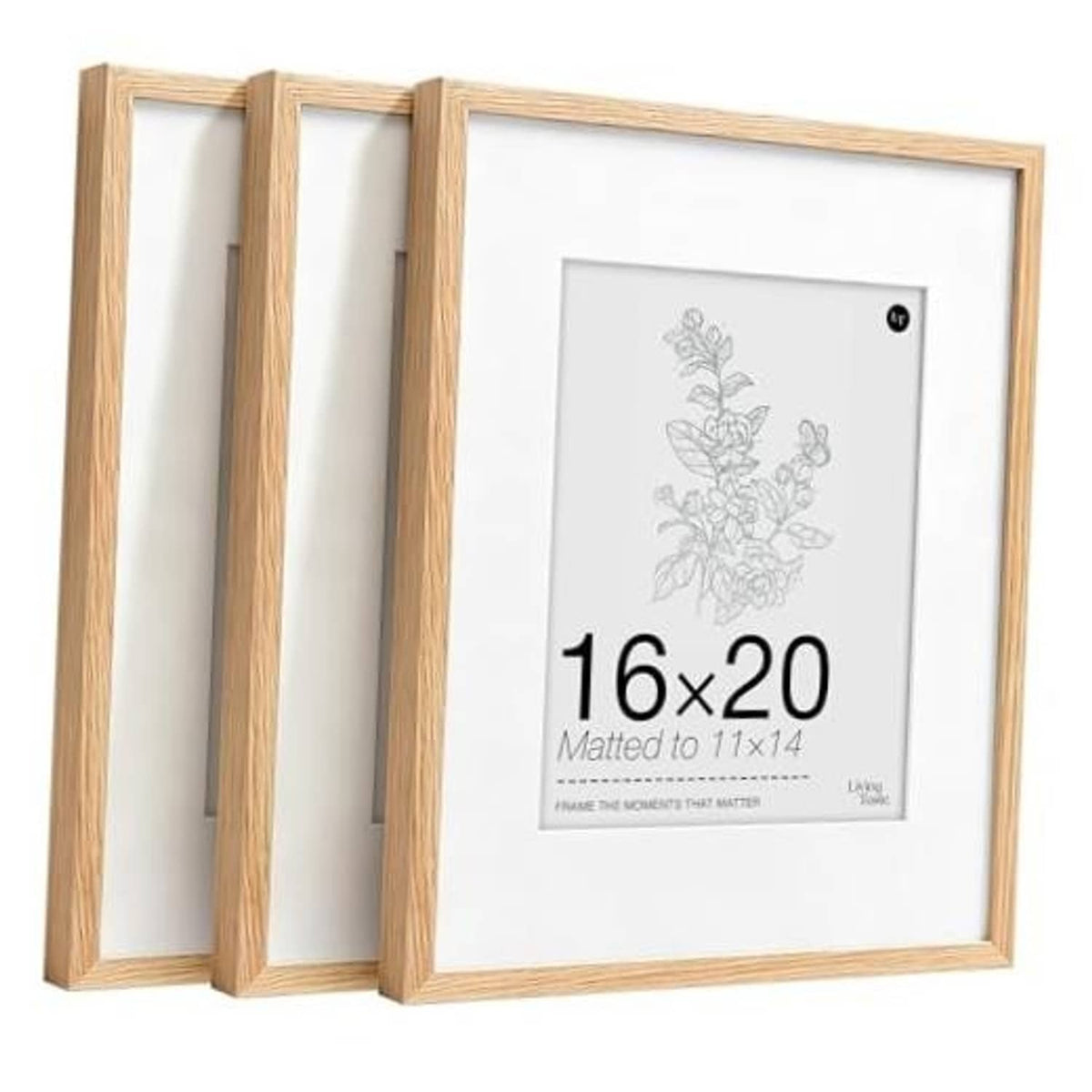 Set of three light oak wood picture frames with 16x20 display opening and white mat