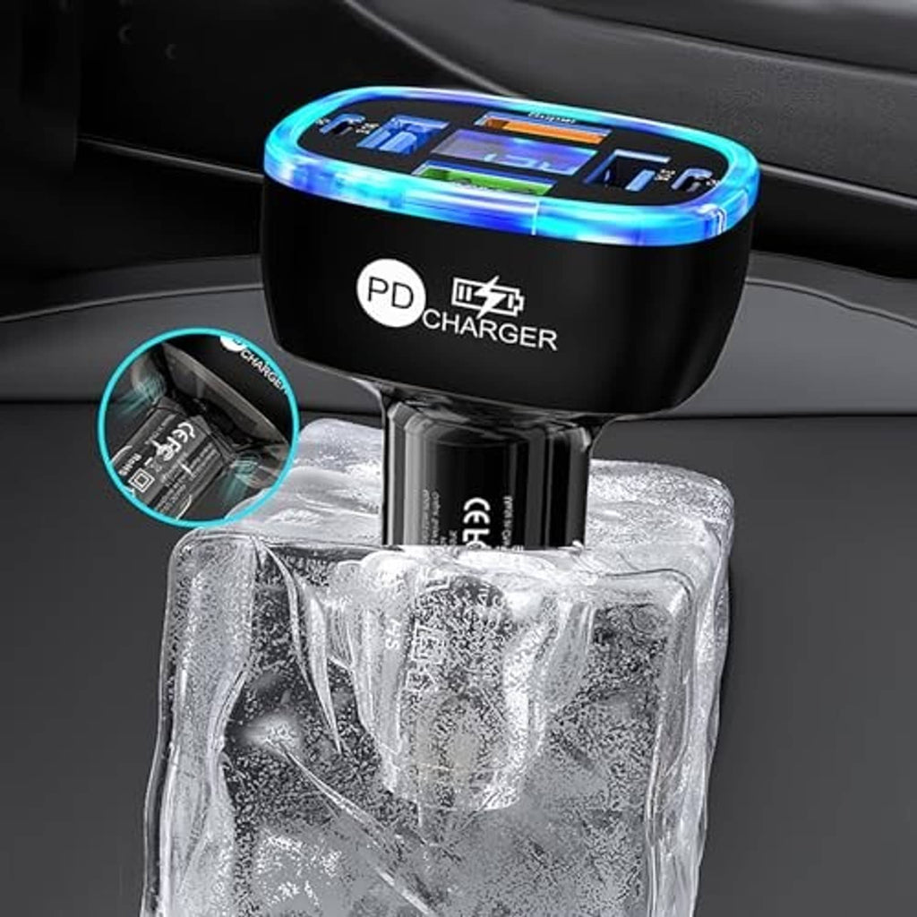 Car USB-C PD charger with blue LED ring and digital display, shown above ice