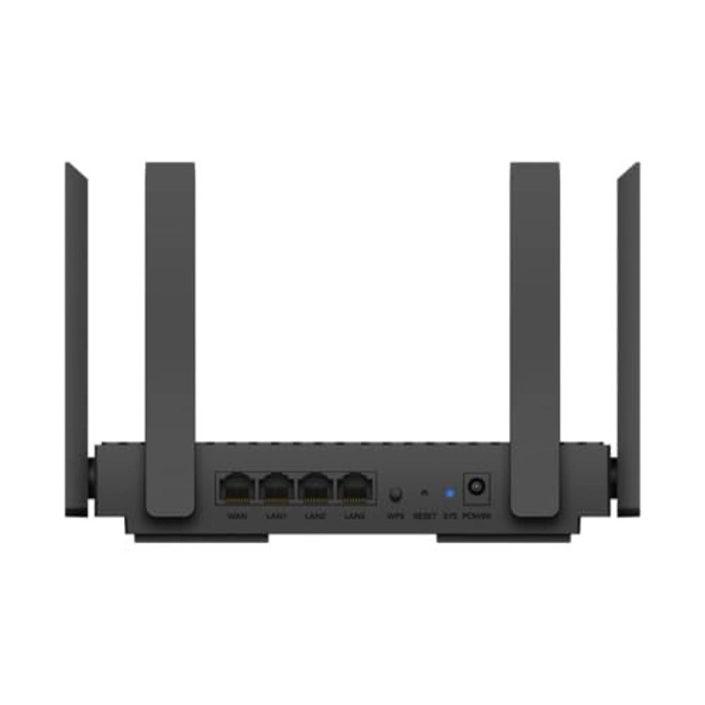 Wi‑Fi 6 router rear panel with four antennas and visible port area.