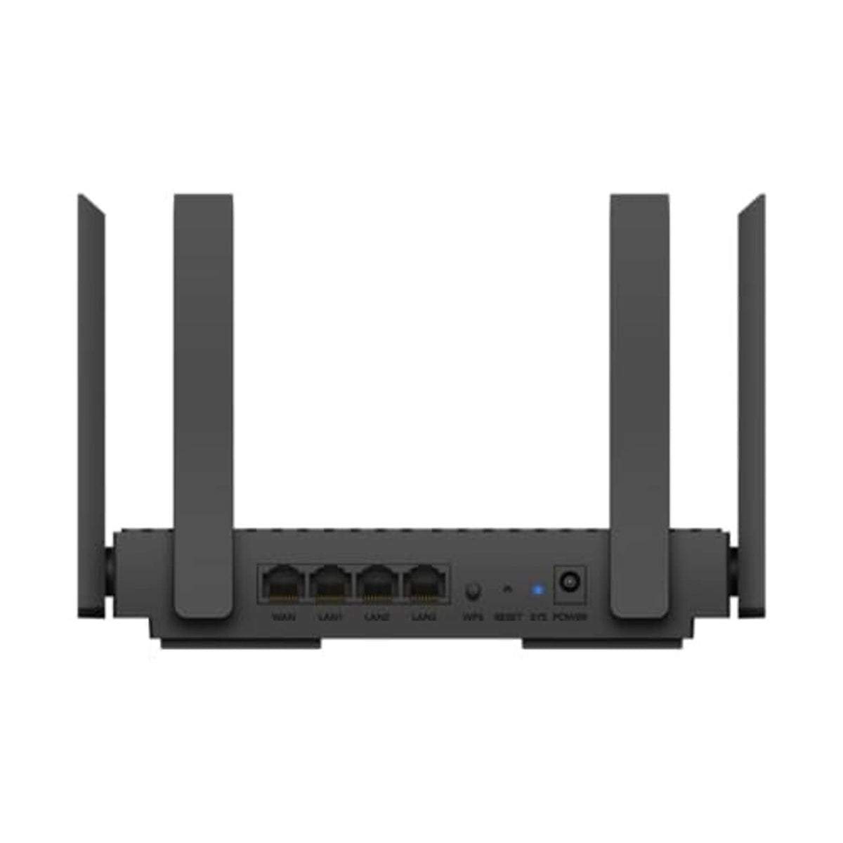 Wi‑Fi 6 router rear panel with four antennas and visible port area.