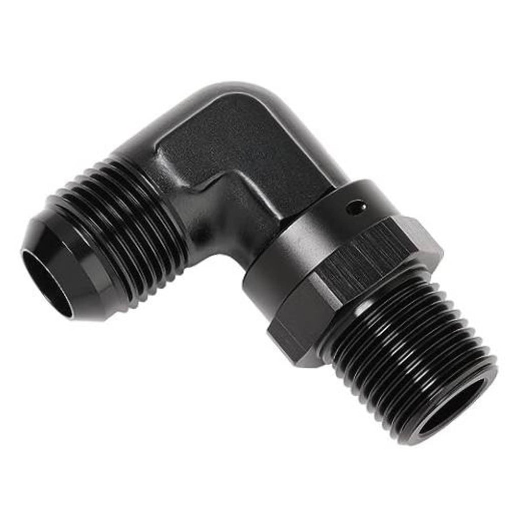 Black 90-degree AN-to-NPT swivel pipe fitting with threaded ends
