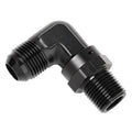 Black 90-degree AN-to-NPT swivel pipe fitting with threaded ends