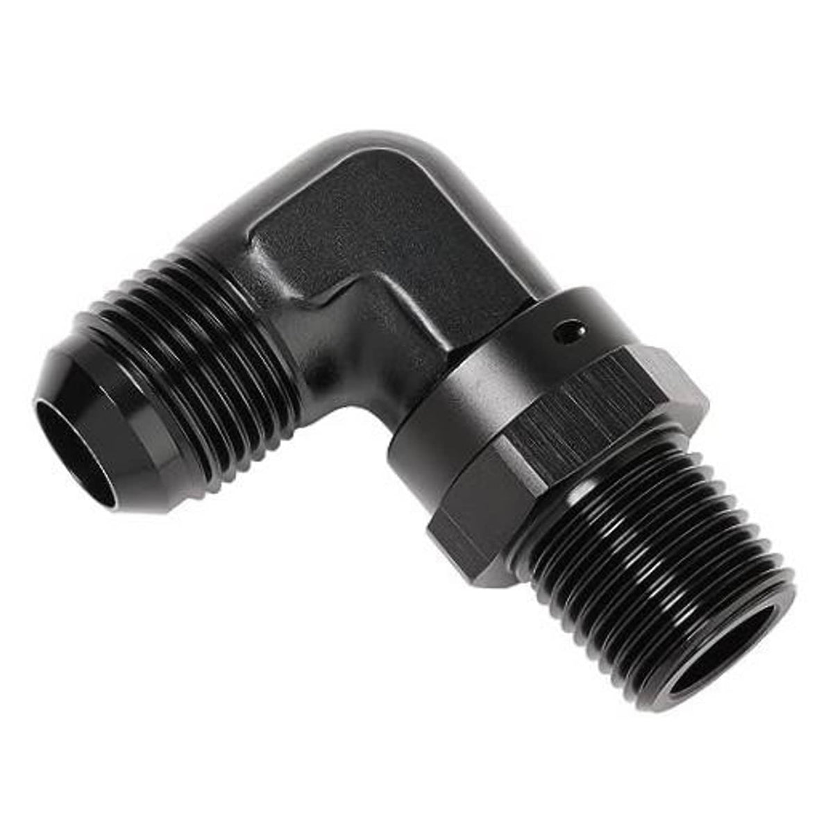 Black 90-degree AN-to-NPT swivel pipe fitting with threaded ends