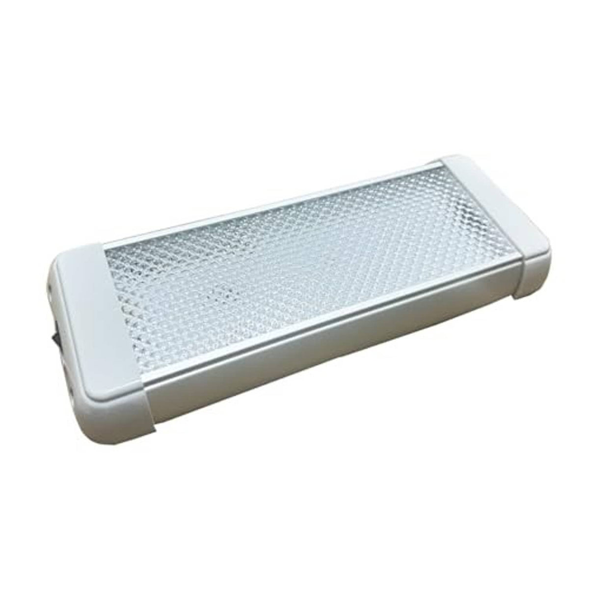 LED dome light bar with textured lens window and light gray end caps