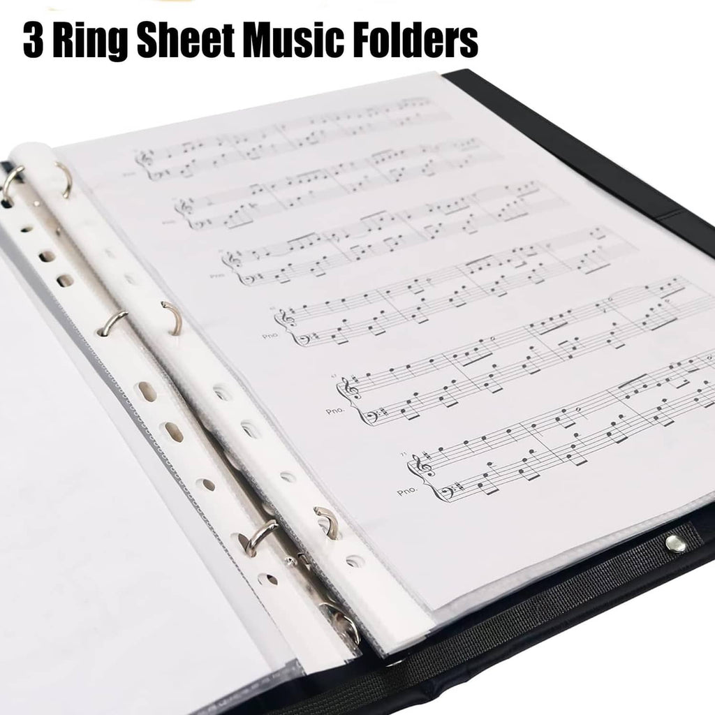 Black 3-ring music folder holding sheet music in binder rings