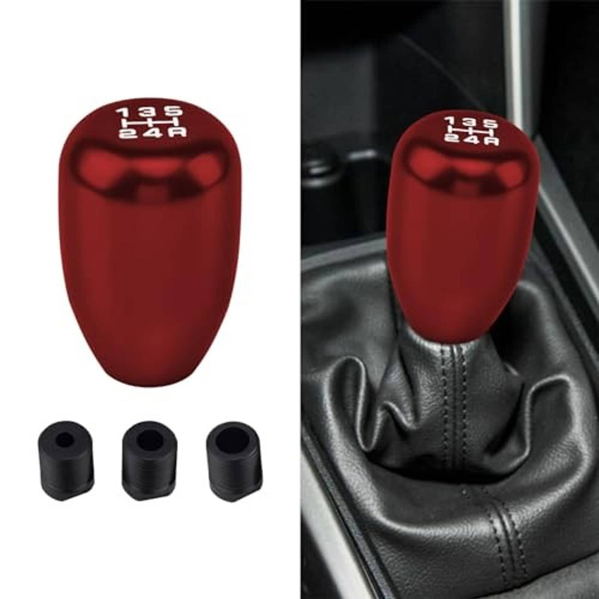 Red manual gear shift knob with top shift numbers; comes with three black adapters
