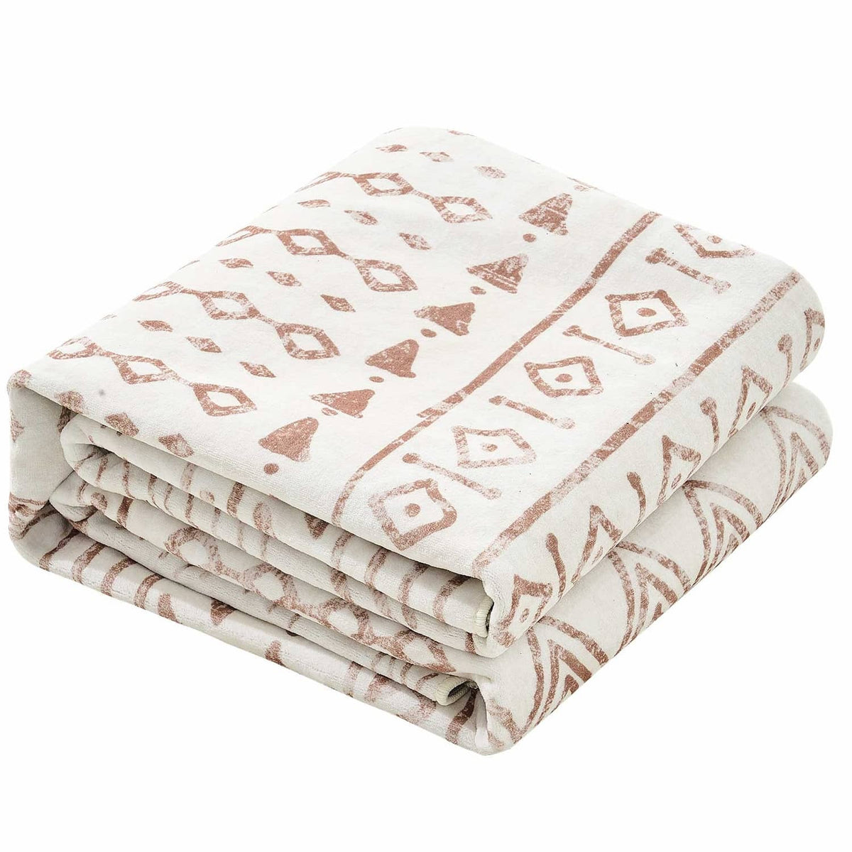 Beige patterned large area rug, folded stack with geometric motifs and borders