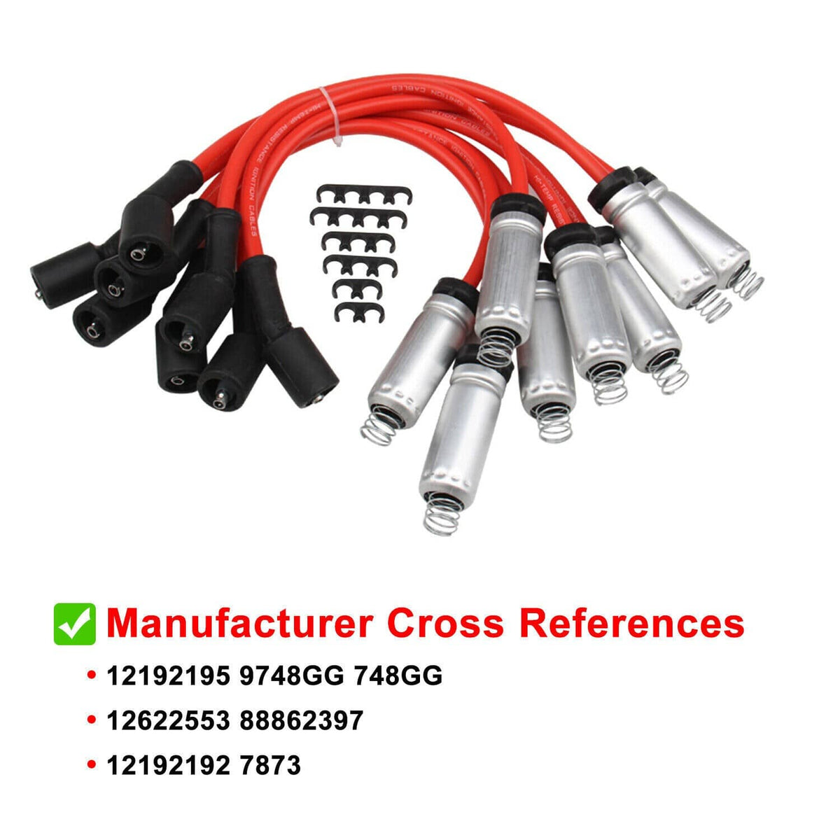 Ignition coil spark plug wire set with red wires, black boots, and silver terminal ends