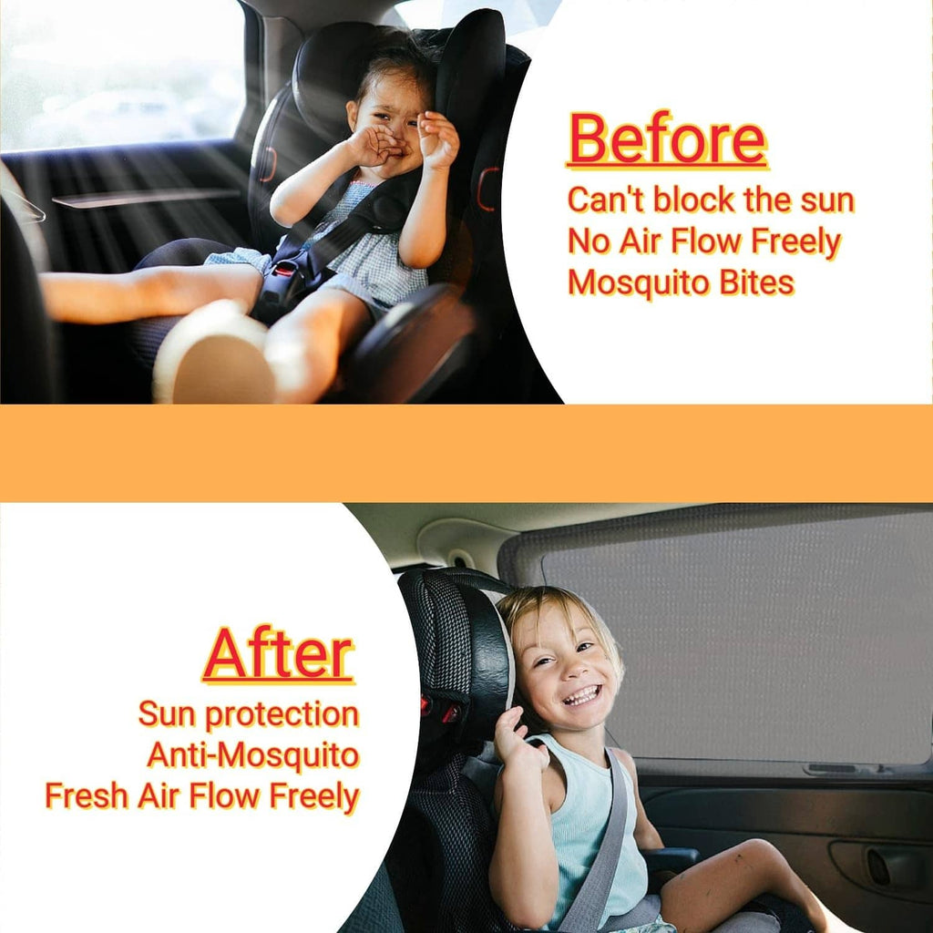 Black mesh car window screen on rear window, child seated in back seat