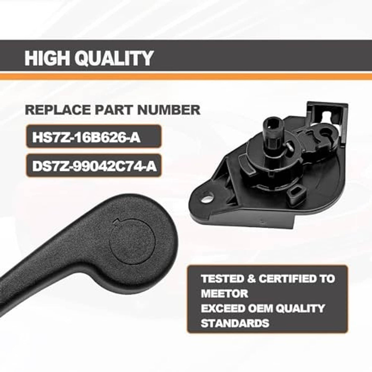 Black hood release handle with mounting bracket and quality badge graphic