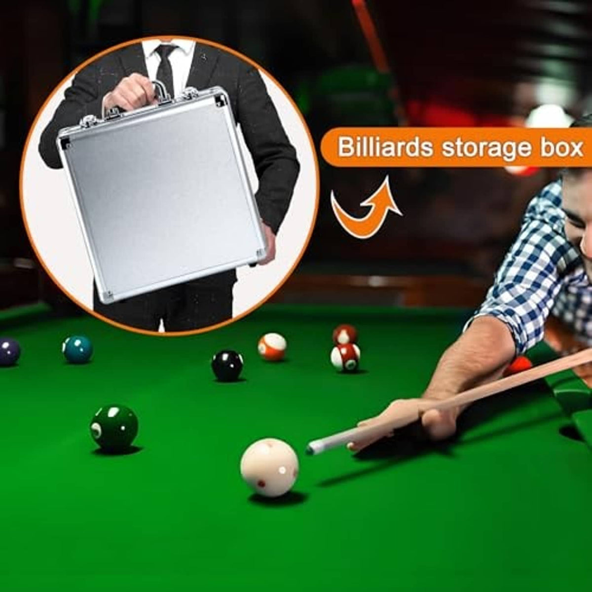 Billiards storage box with carry handle, closed silver aluminum case for transport