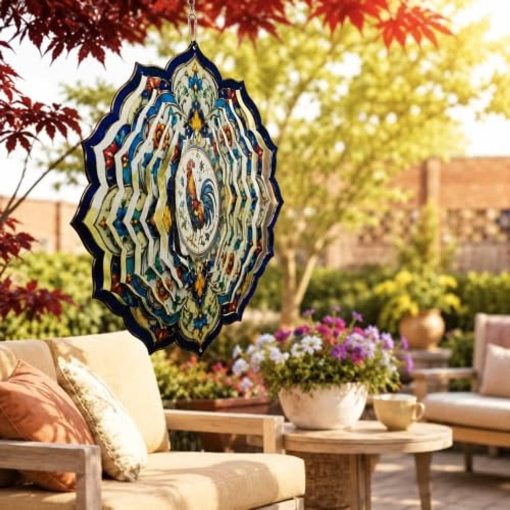 Blue-and-white layered rooster wind spinner mandala with hanging chain in garden