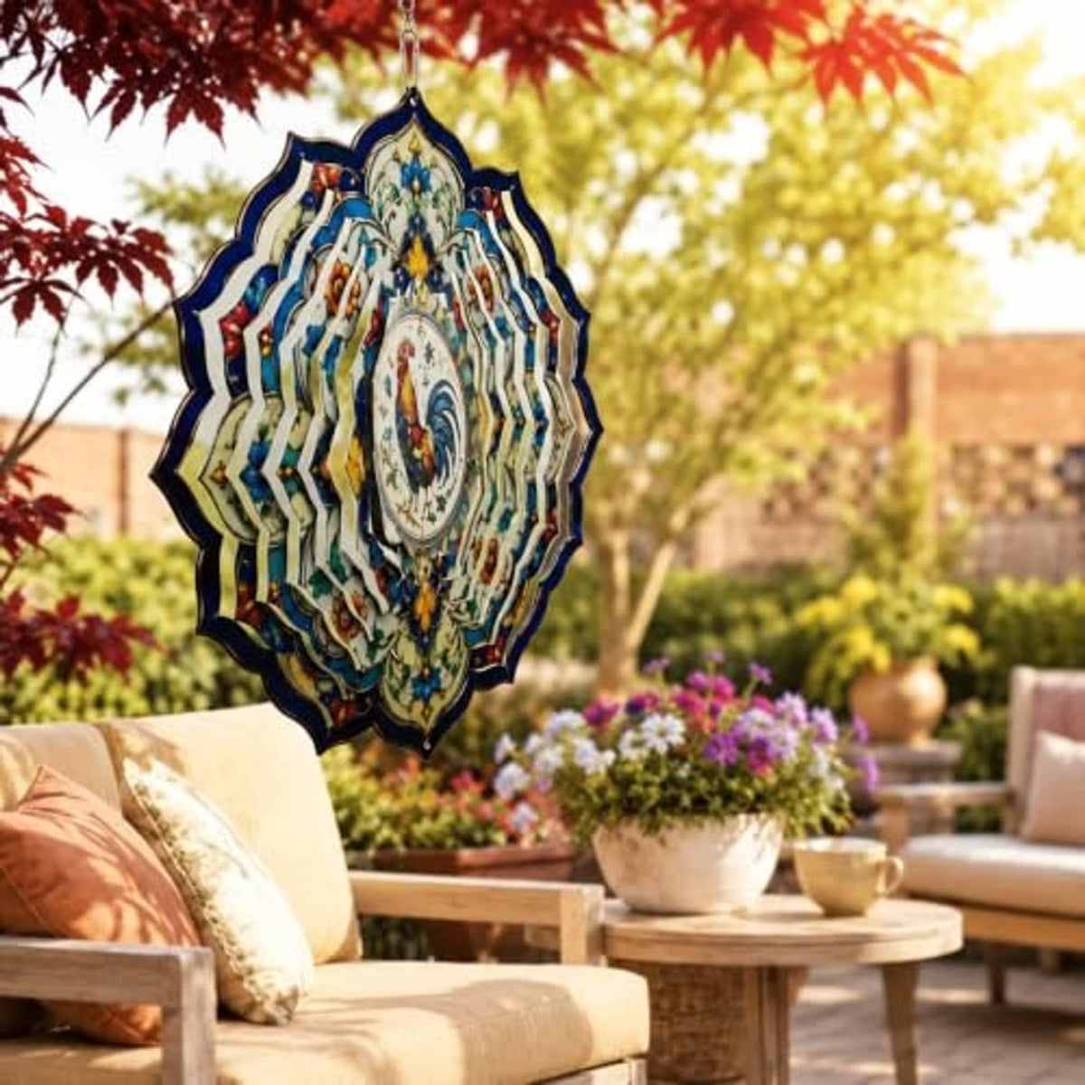 Blue-and-white layered rooster wind spinner mandala with hanging chain in garden