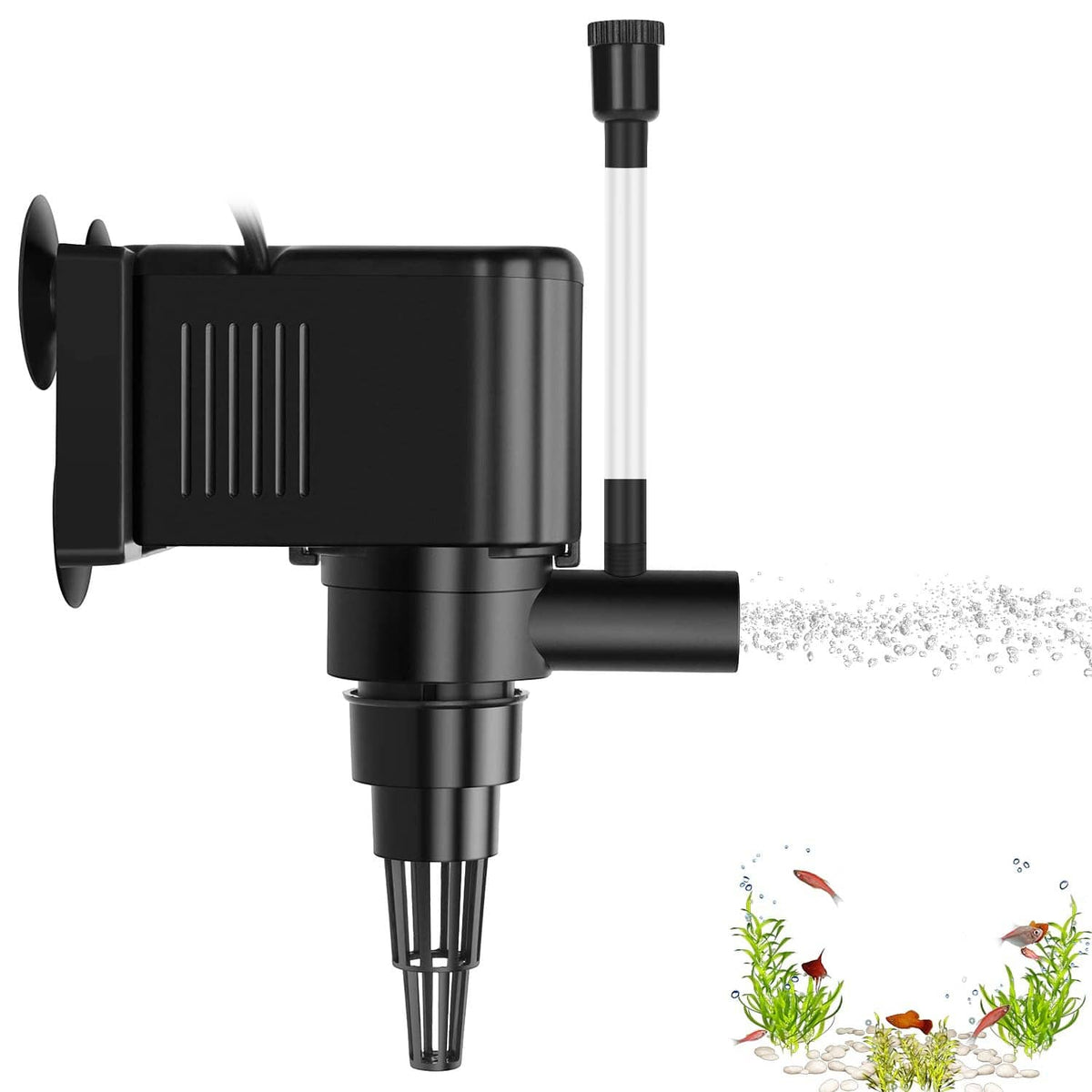 Black aquarium powerhead pump with intake strainer and adjustable air tube