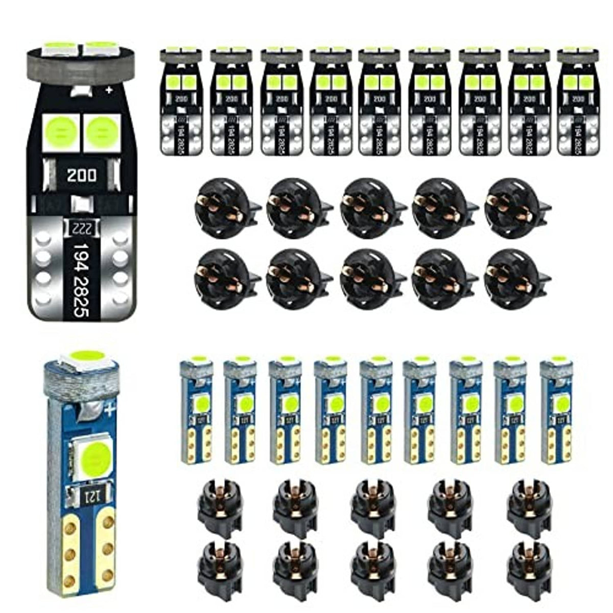 Ice blue LED bulb assortment with compact T5/T10 bulbs, sockets, and two base holders