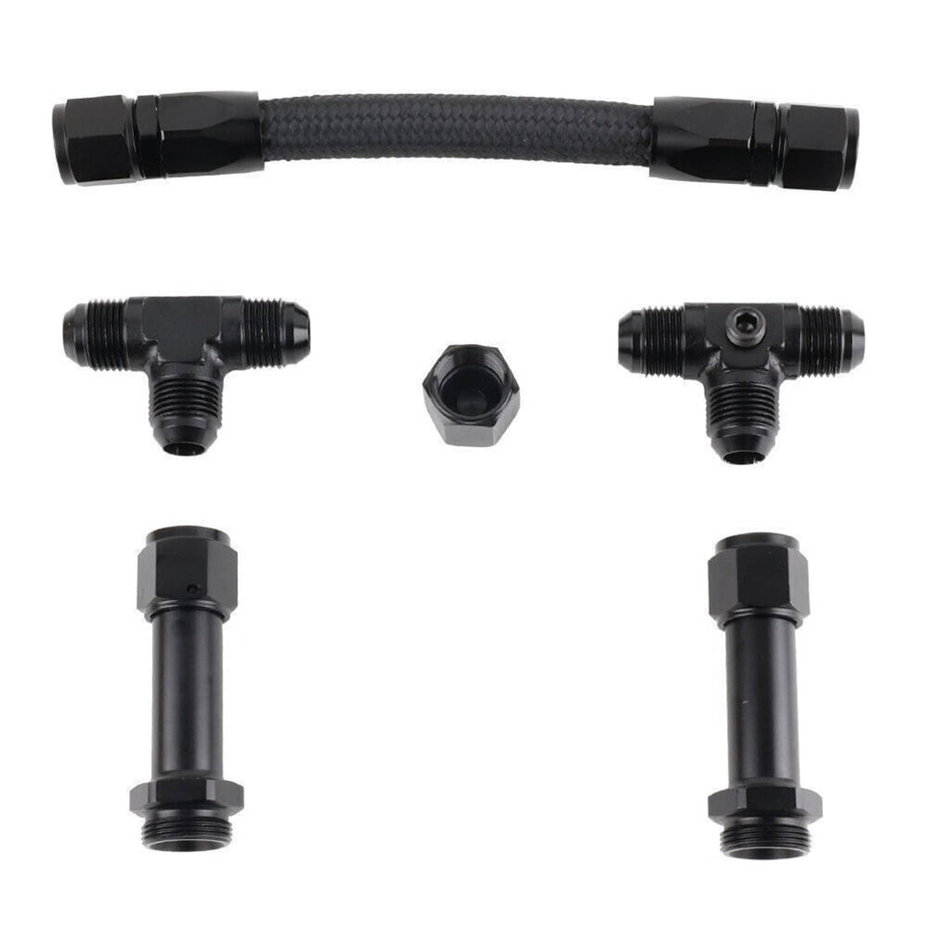 Braided fuel line with black AN8 T and straight fittings, hex adapters included