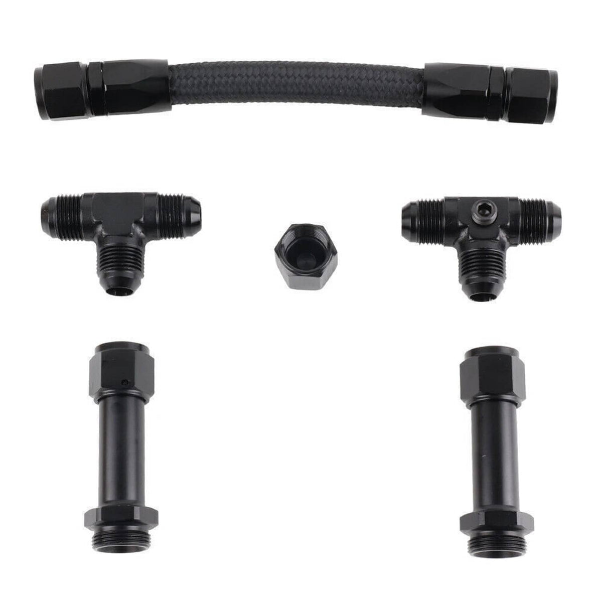 Braided fuel line with black AN8 T and straight fittings, hex adapters included