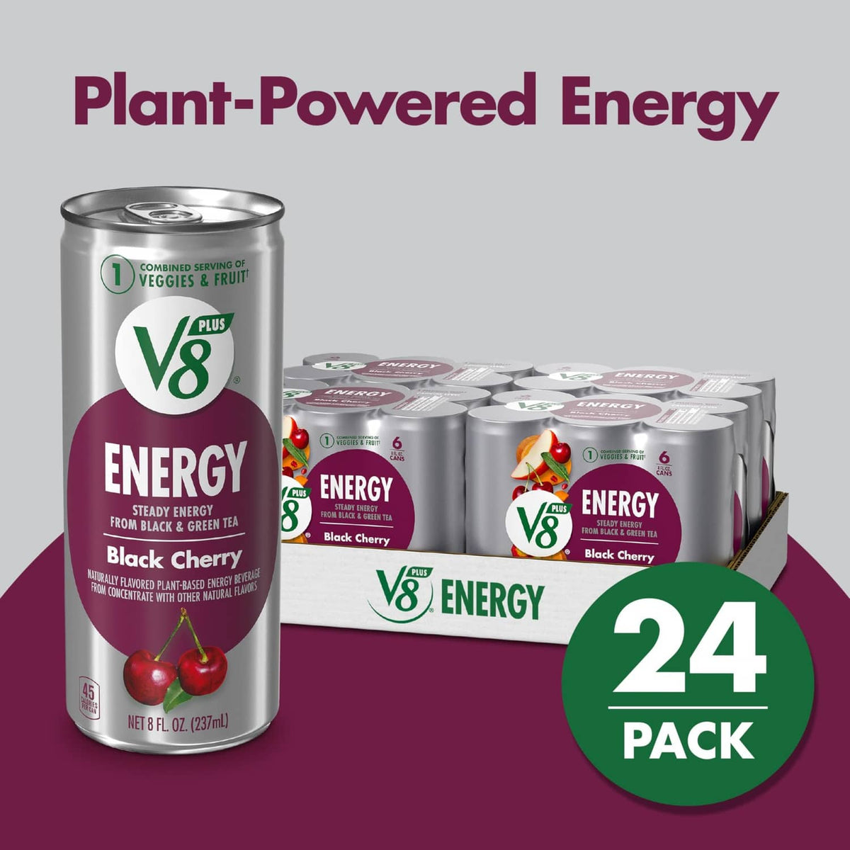 V8 Energy Black Cherry energy drink can with 24-pack multi-can carton