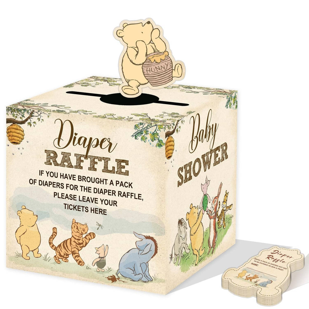 Diaper raffle box with teddy bear illustrations and Baby Shower theme