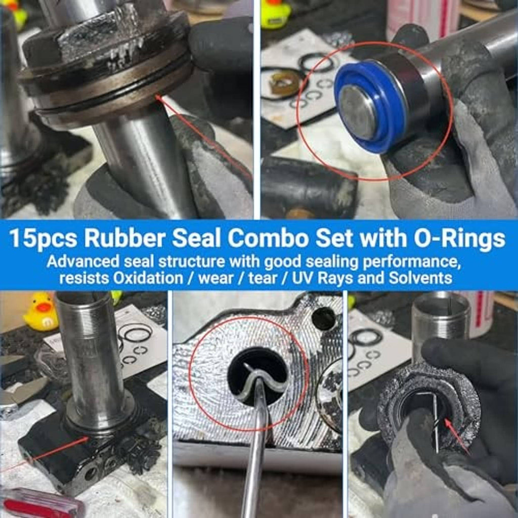 Floor jack seal replacement kit installed on hydraulic jack shaft, blue seal ring